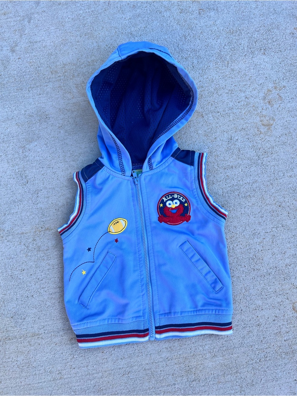 Y2K Blue Hooded Sleeveless Kids Vest with embroidered Elmo 6/9M